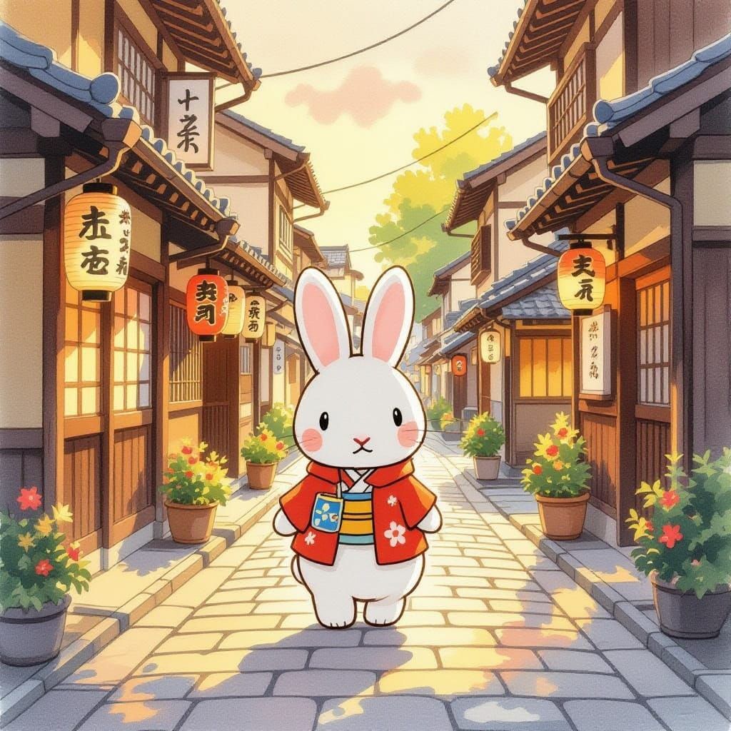 Miffy Rabbit in Japanese Streets, Storybook Illustration Sty...
