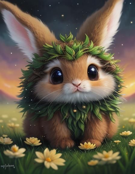Fluffy Fantasy Baby Bunny in Flower Rain