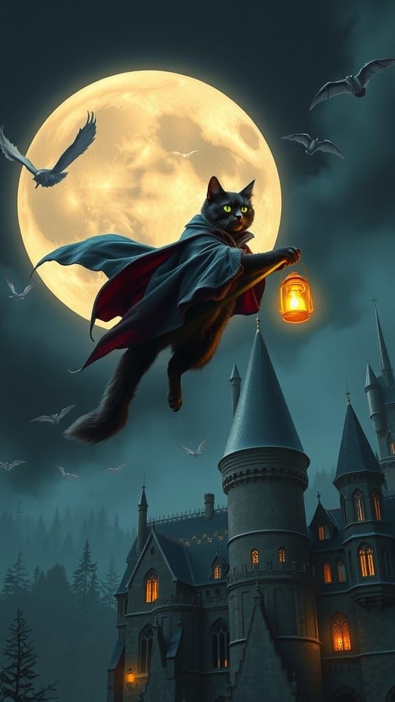 Black Cat Flies Broomstick Over Hogwarts Under Full Moon