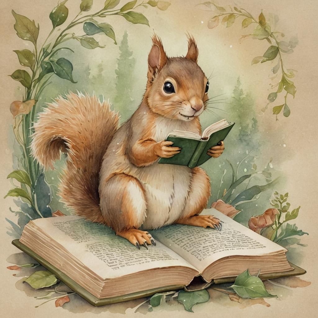 Squirrel and Book: Whimsical Watercolor Art Nouveau