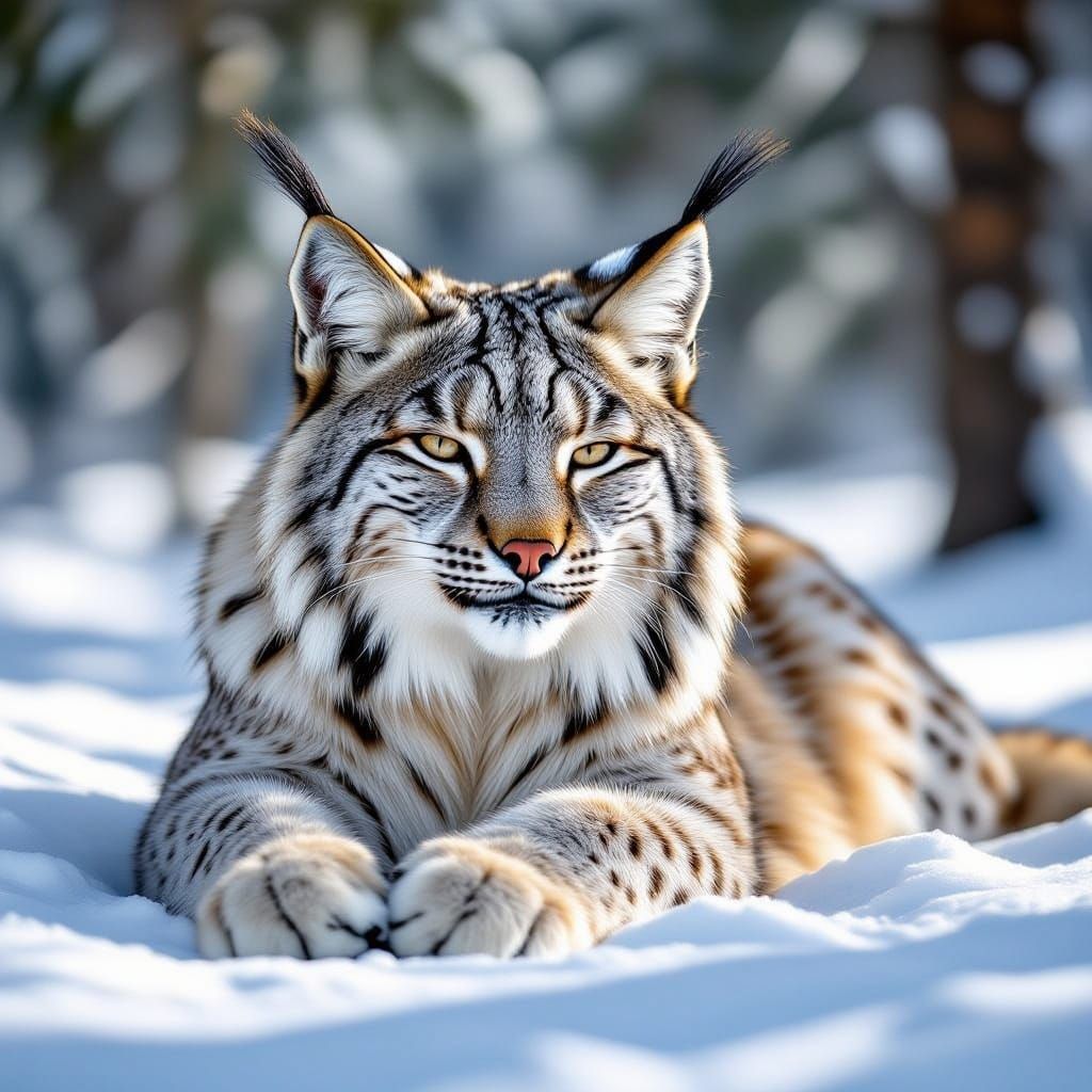 Eurasian Lynx Resting Peacefully in Snowy Forest
