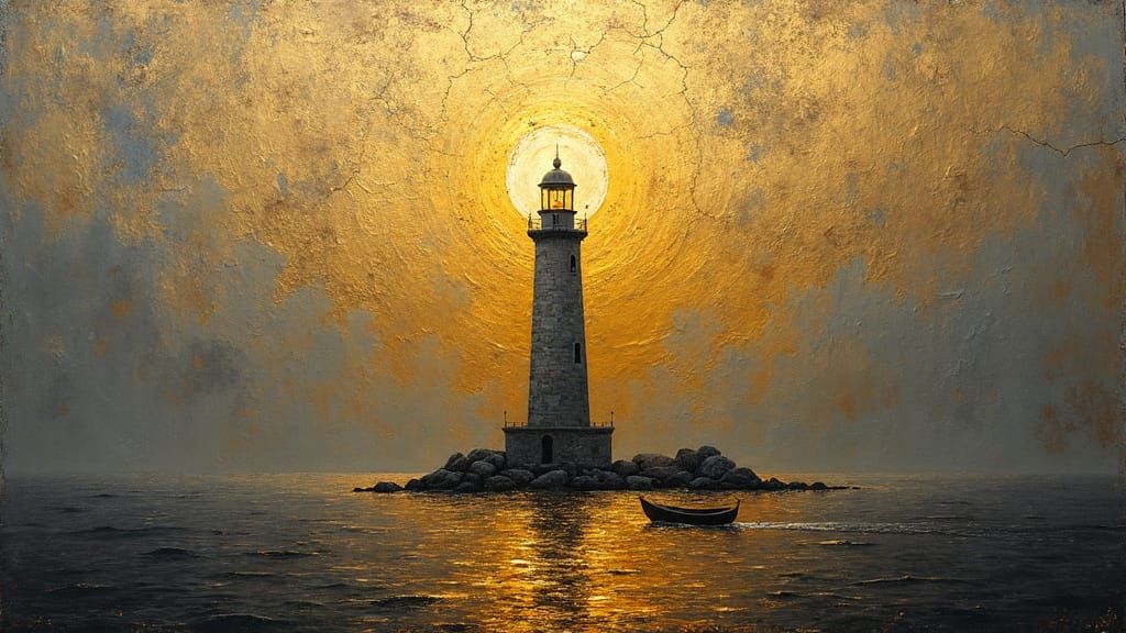 Lighthouse at Sea Bathed in Liquid Gold
