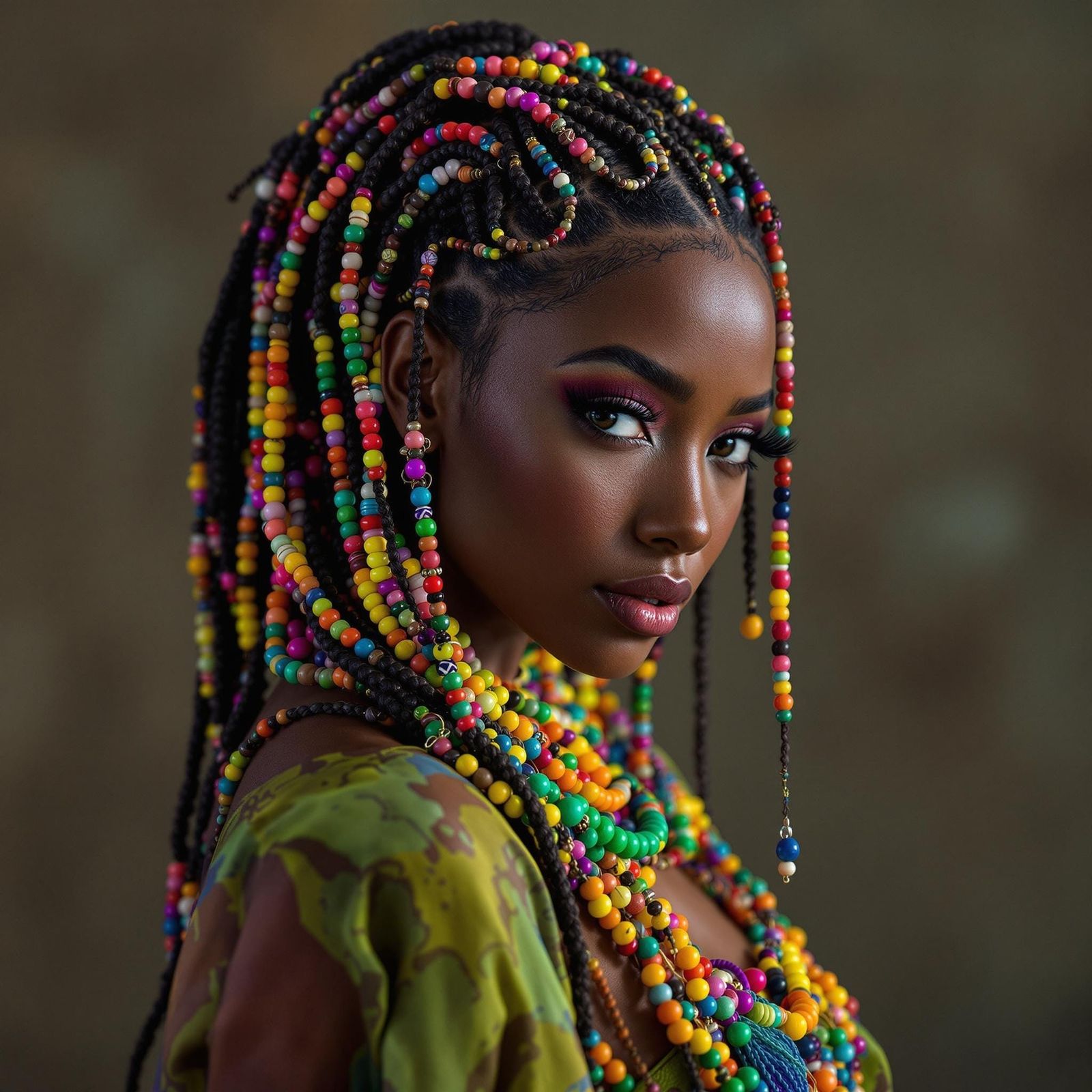 Hyperrealistic Portrait of Braided Woman with Beads in 8K