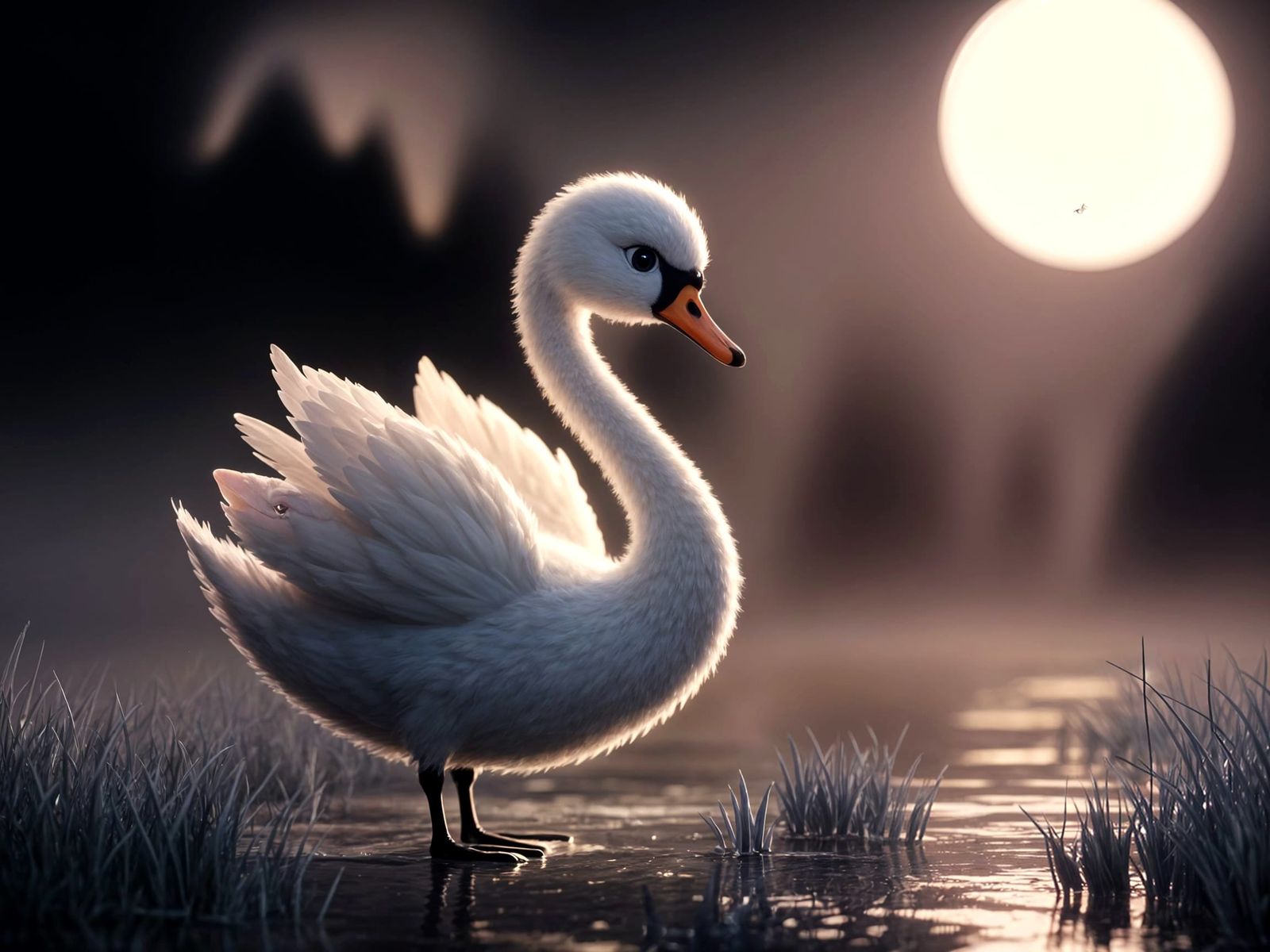 Pixar-Style Swan in Moonlit Marsh, Dark Fantasy 3D Art