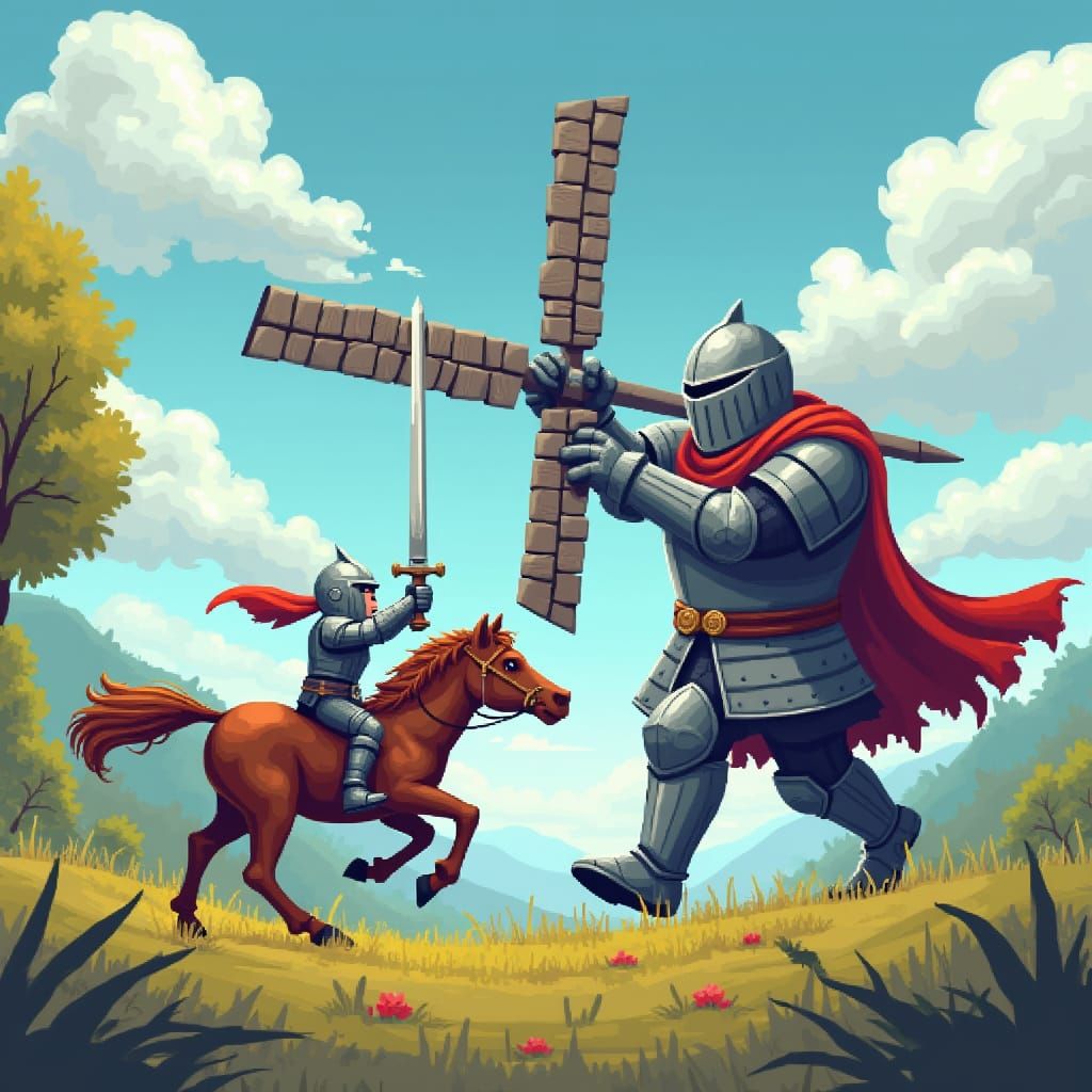 Tiny Knight Jousts Giant in Whimsical Pixel Art Battle