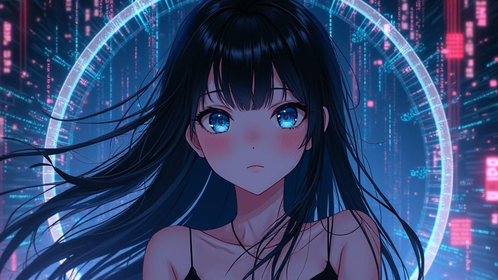 Anime Goddess Surrounded by Neon Cyber Codes
