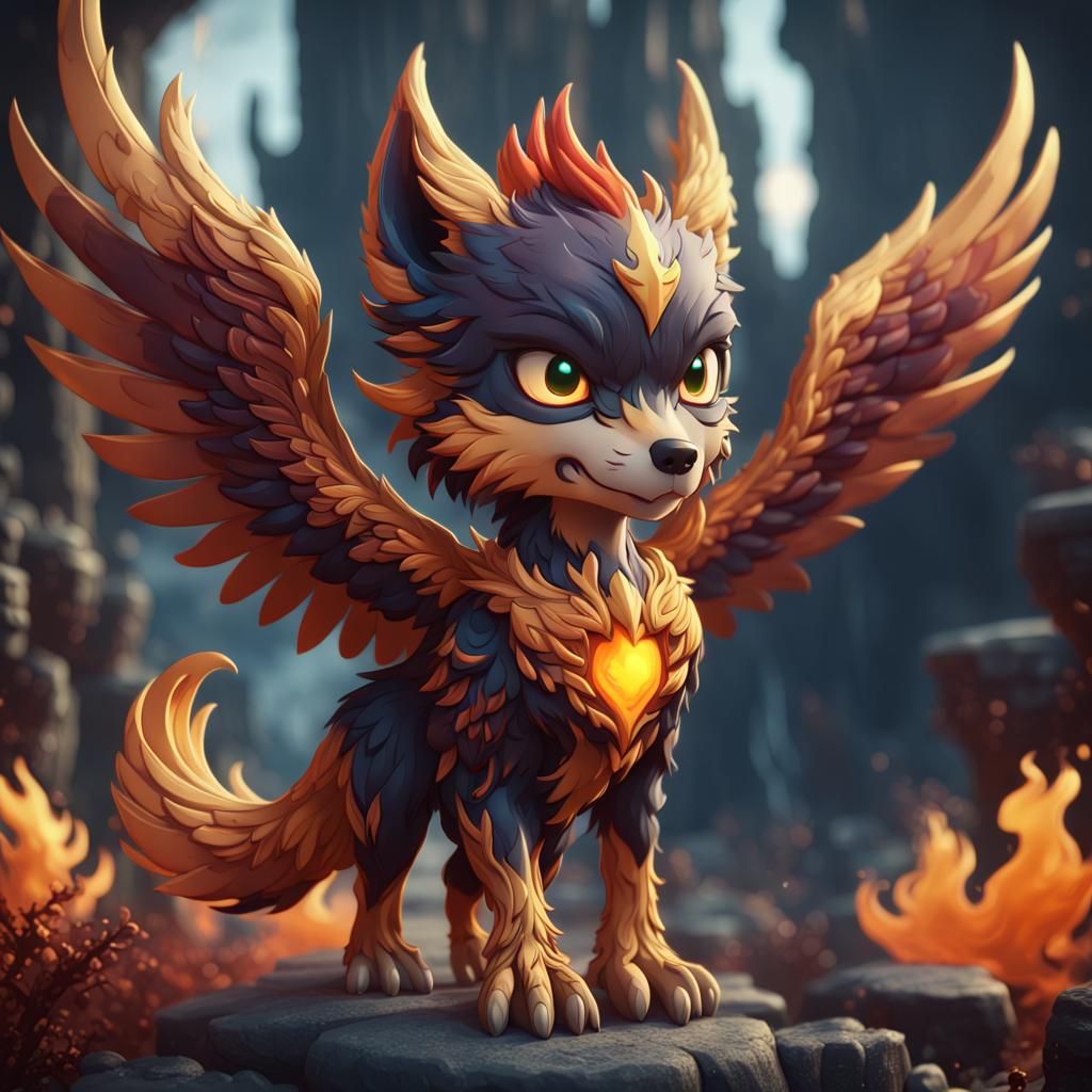Chibi Phoenix Wolf Fantasy Concept Art