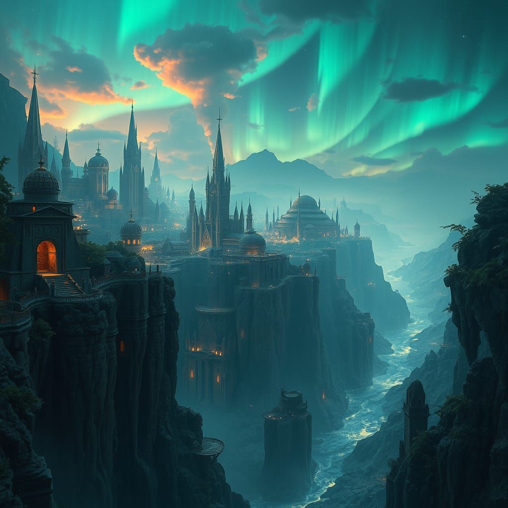 Ethereal Cityscape Overlooking the Eternal Abyss in Aethoria