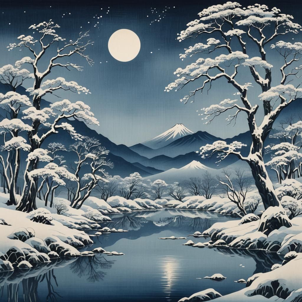 Ukiyo-e Winter River Reflection