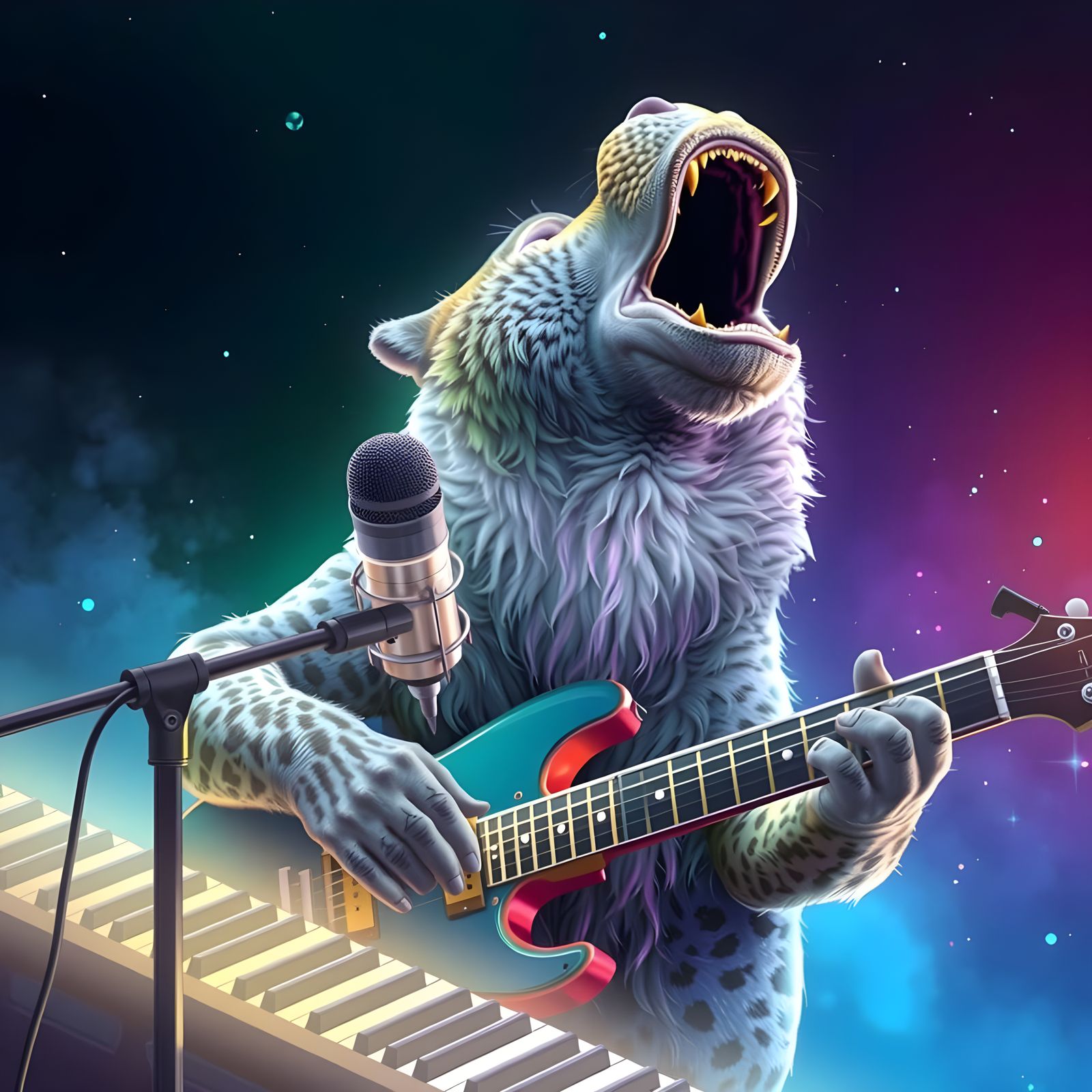 Holographic Steampunk Musician in Neon Haze