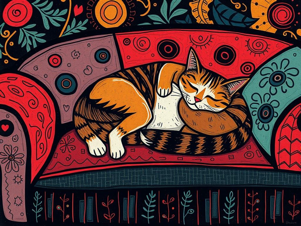 Vibrant Whimsical Cat Sofa Scene in Stylized Cubist Art