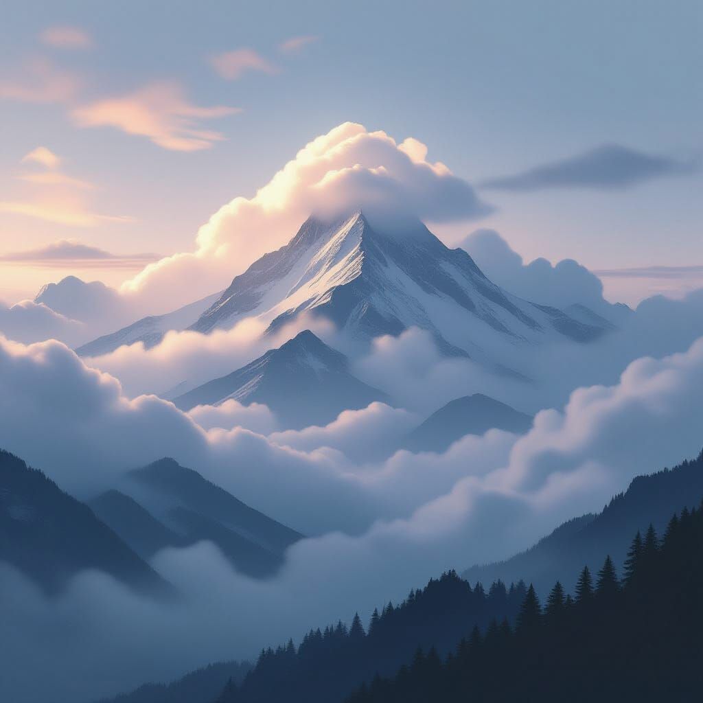 Misty Mountain Peak in Romantic Digital Painting Style