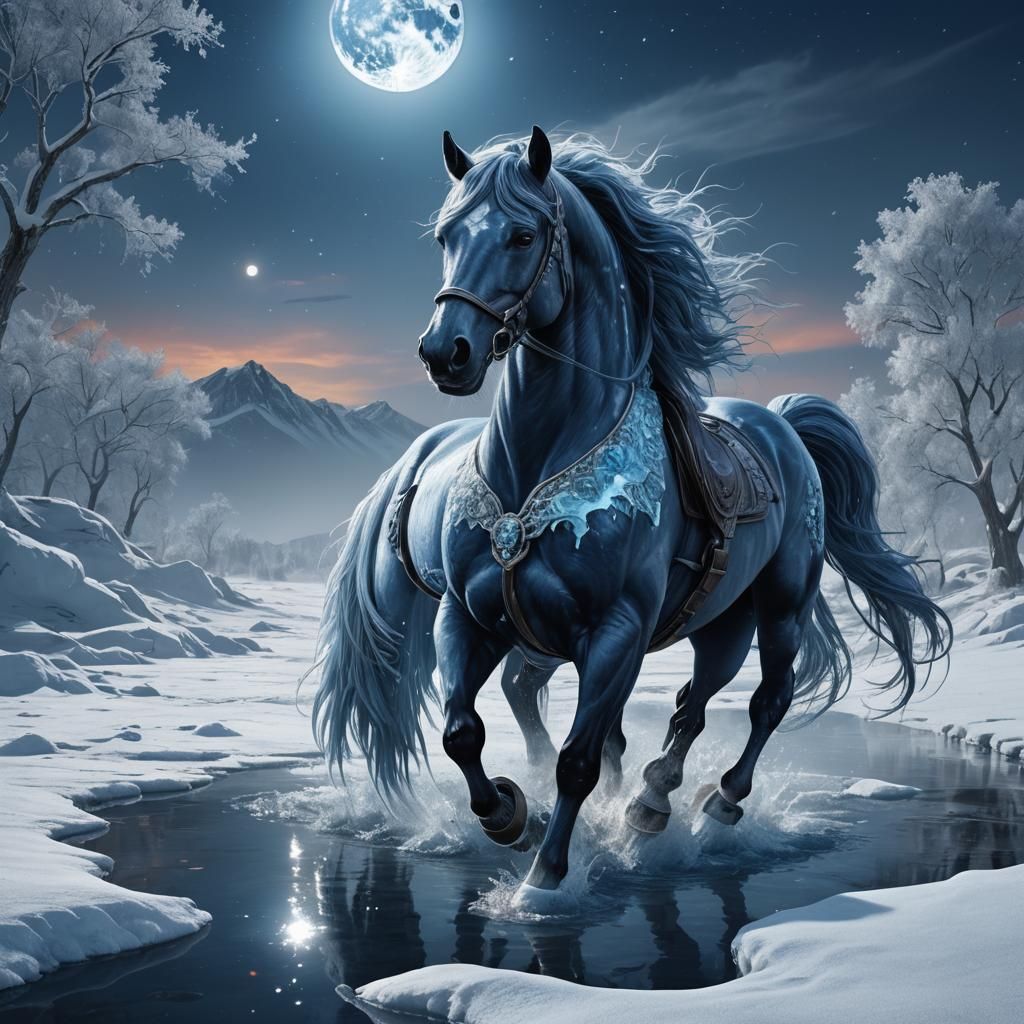 Sapphire Crystal Horse Drinking in Winter Landscape