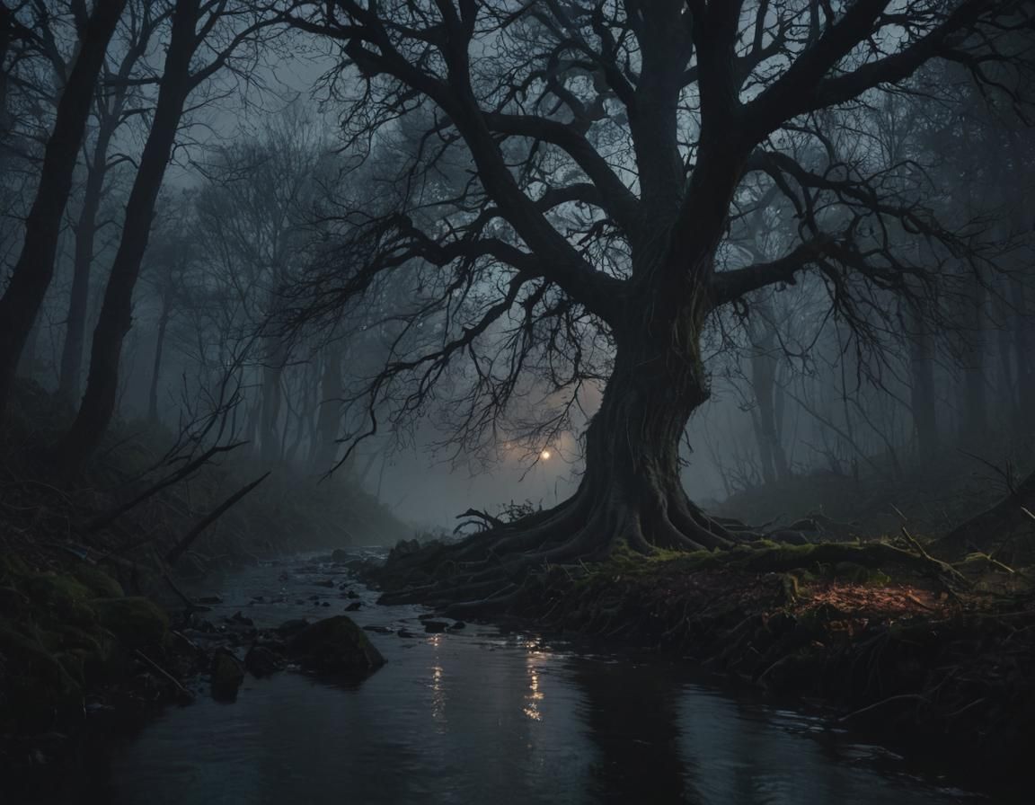 Mystical Dark Fantasy Forest Stream at Twilight