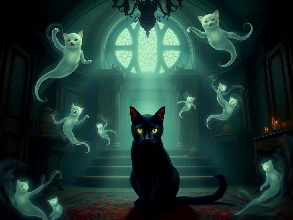 Black Cat and Ghostly Apparitions in Haunted Mansion