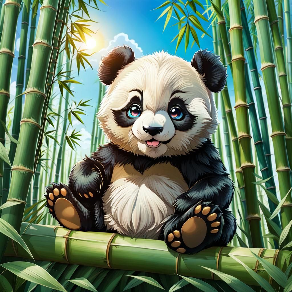 Happy Chibi Panda in Bamboo Grove