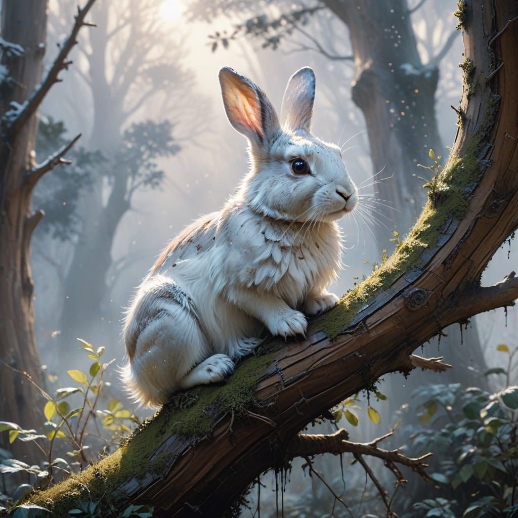 Luminous Bunny on Snowy Branch in Pre-Raphaelite Style