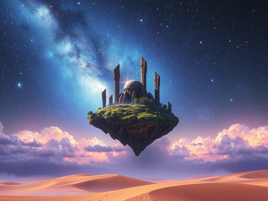 Desert Oasis Floating in Starry Nebula