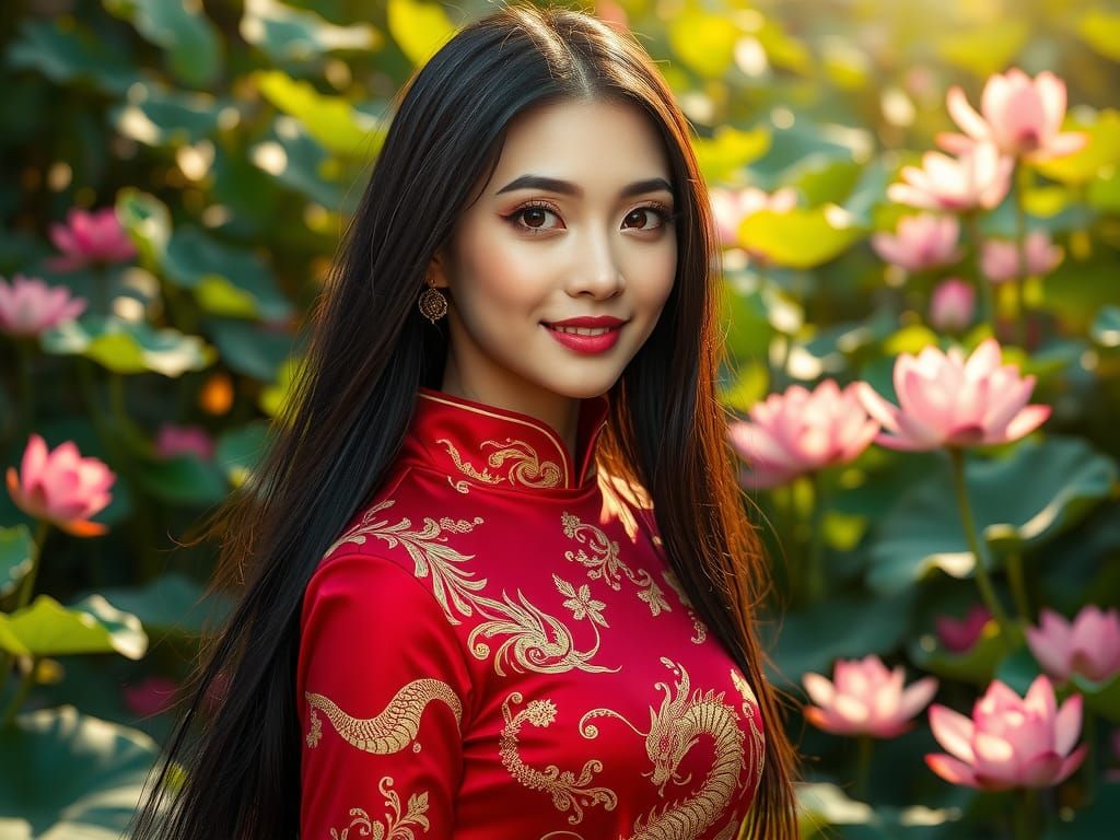 Portrait of a Vietnamese Woman in Red Áo Dài