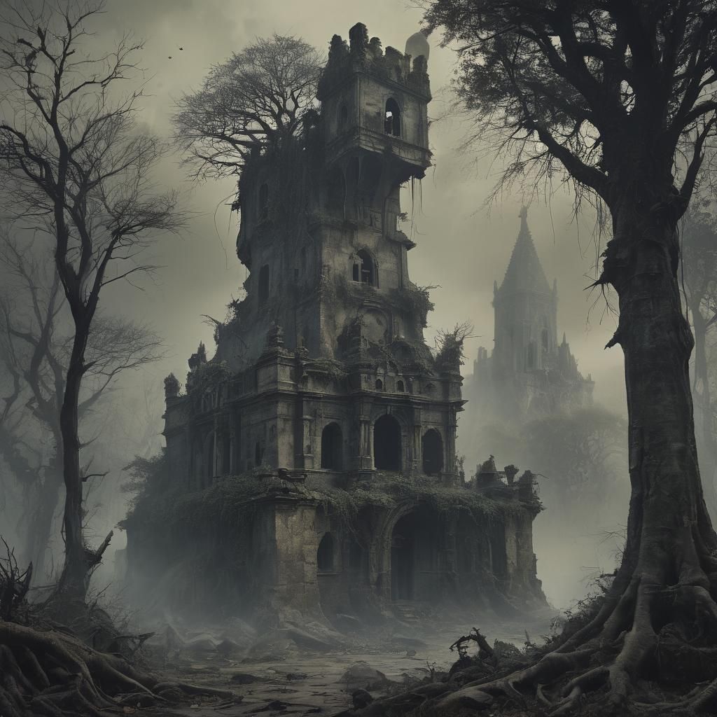 Crumbling Castle in Dark Fantasy Landscape