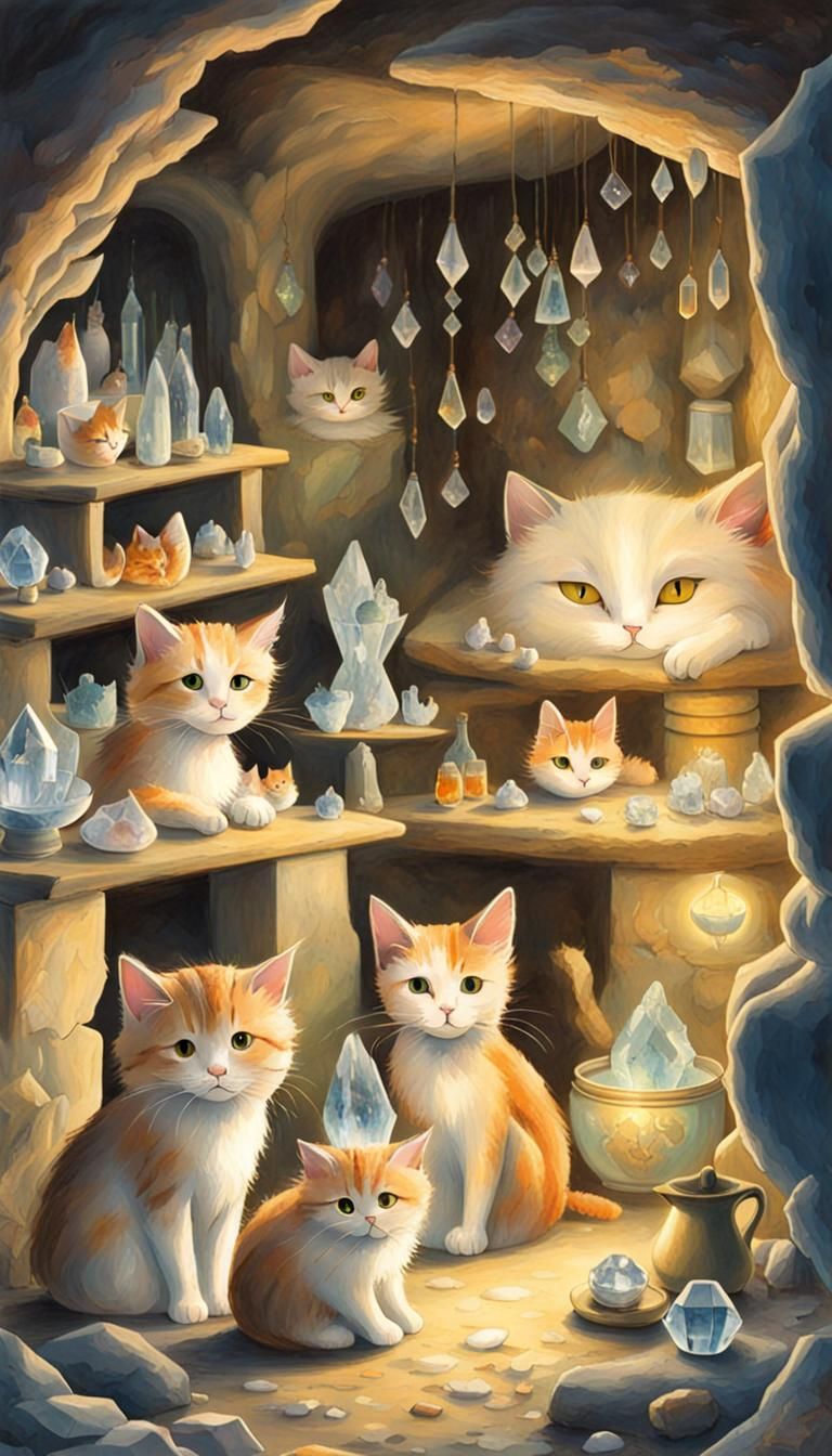 Cat Family in Crystal Cave, Illustrated Style