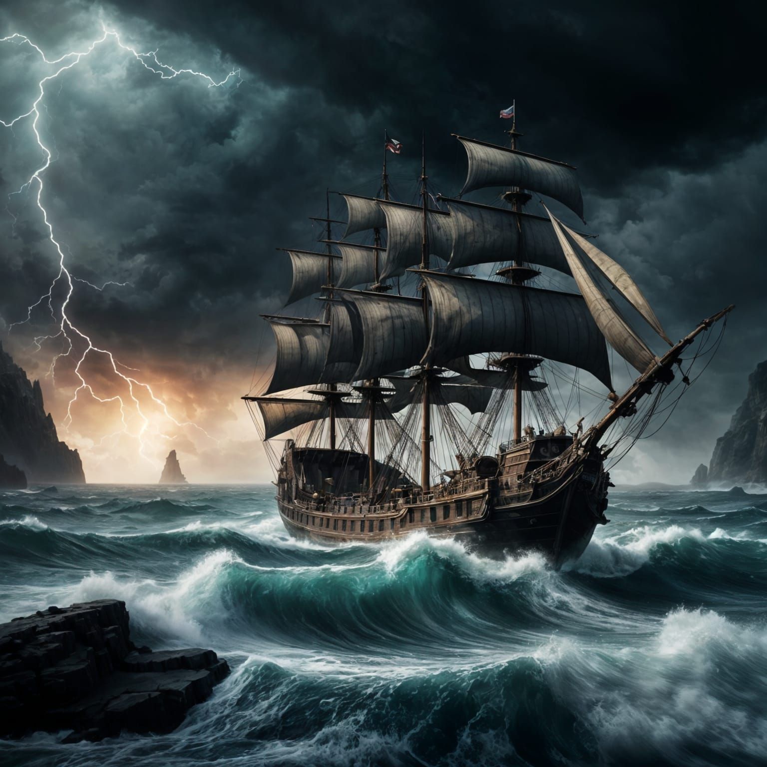 Pirate Galleon Navigates Stormy Seas in Epic Matte Painting