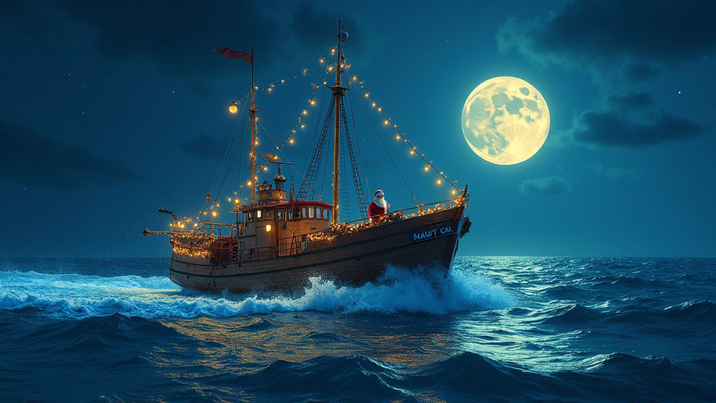 Santa Claus Sailing a Christmas Ship at Night