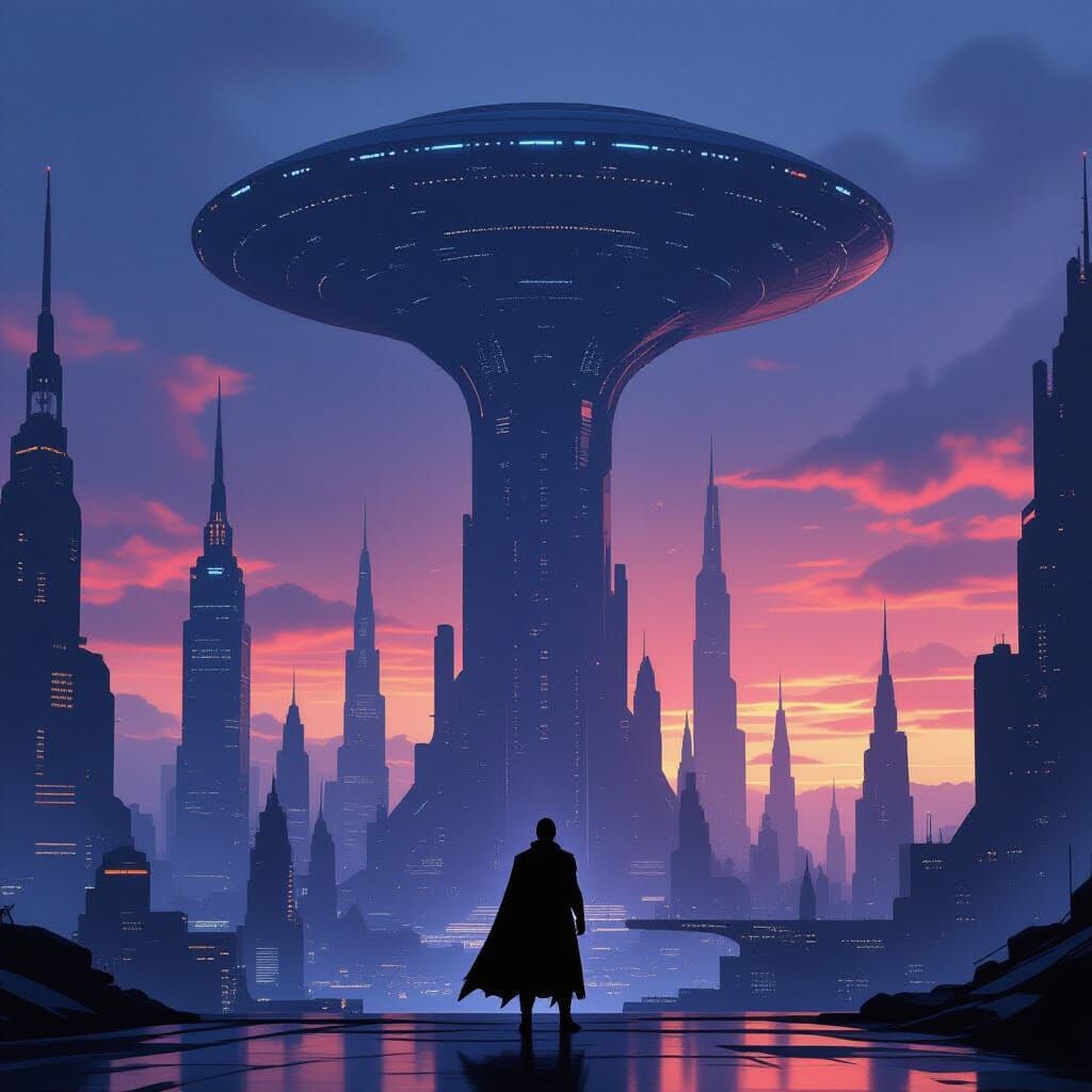 Superhero Silhouetted Against Alien Cityscape at Dusk