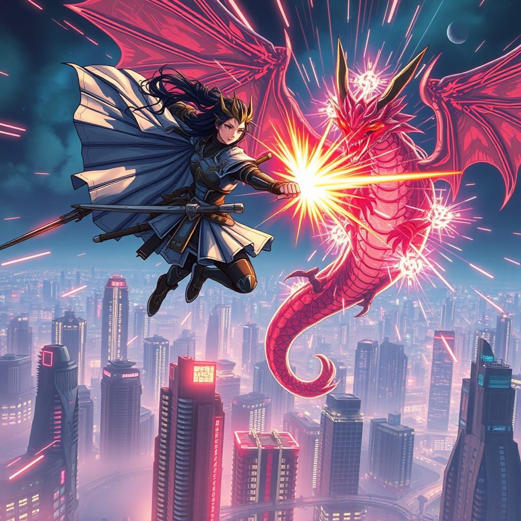 Cyberpunk Warrior Queen Battles Dragon in Neon City