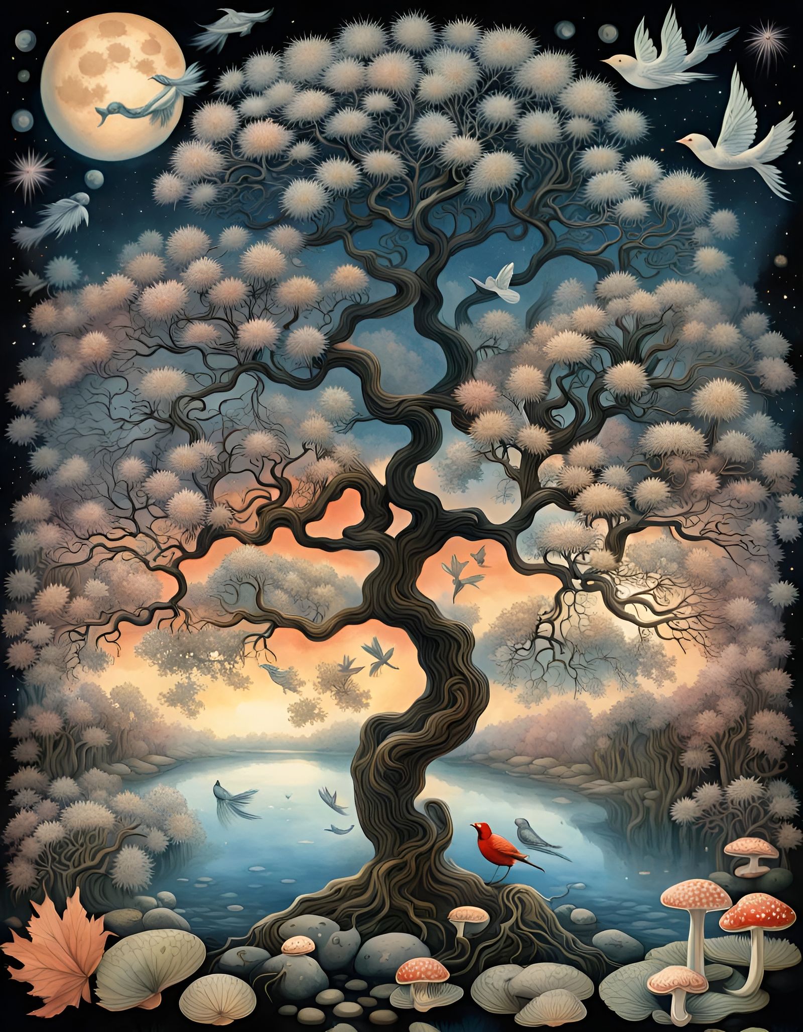 Surreal Tree of Life Under Cosmic Sky