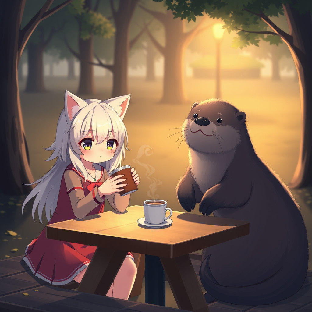 Anime Catgirl and Otter Coffee in Park