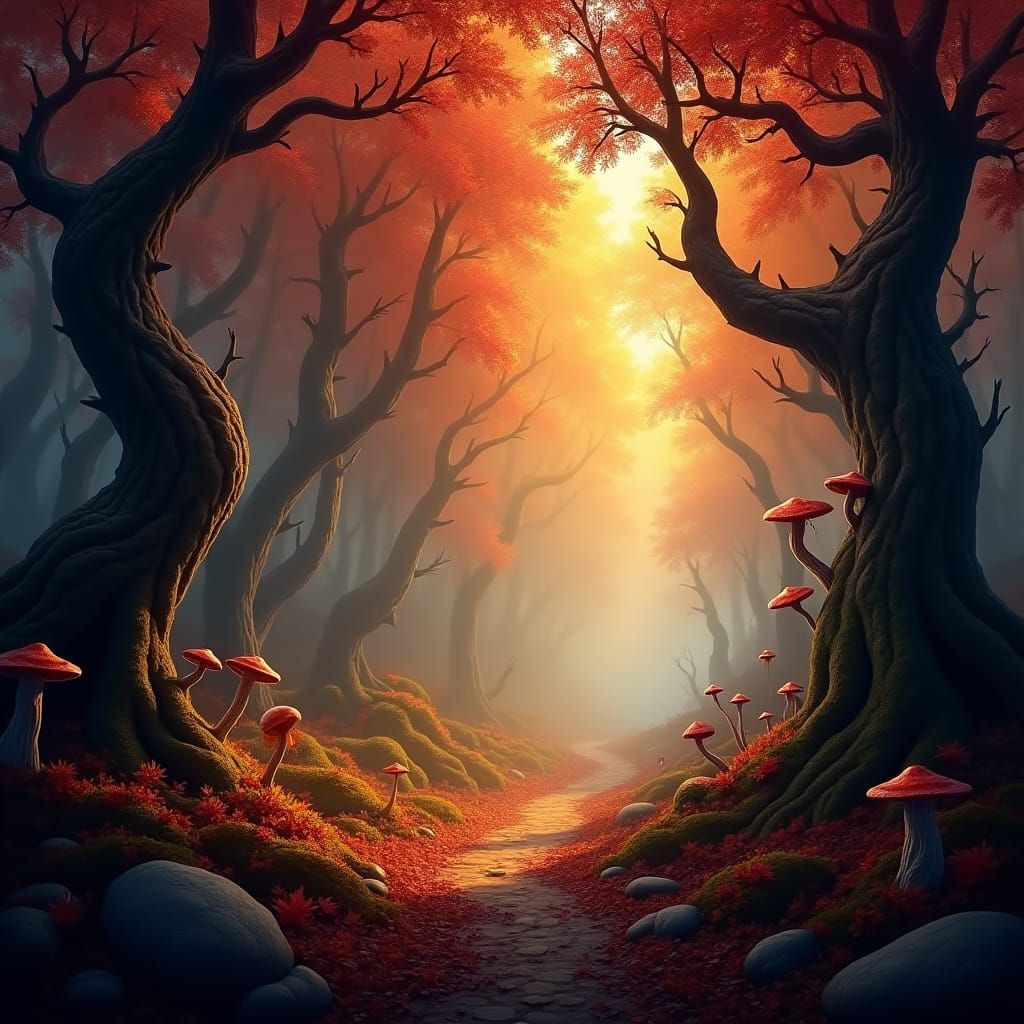 Golden Autumn Forest Landscape in Matte Painting Style