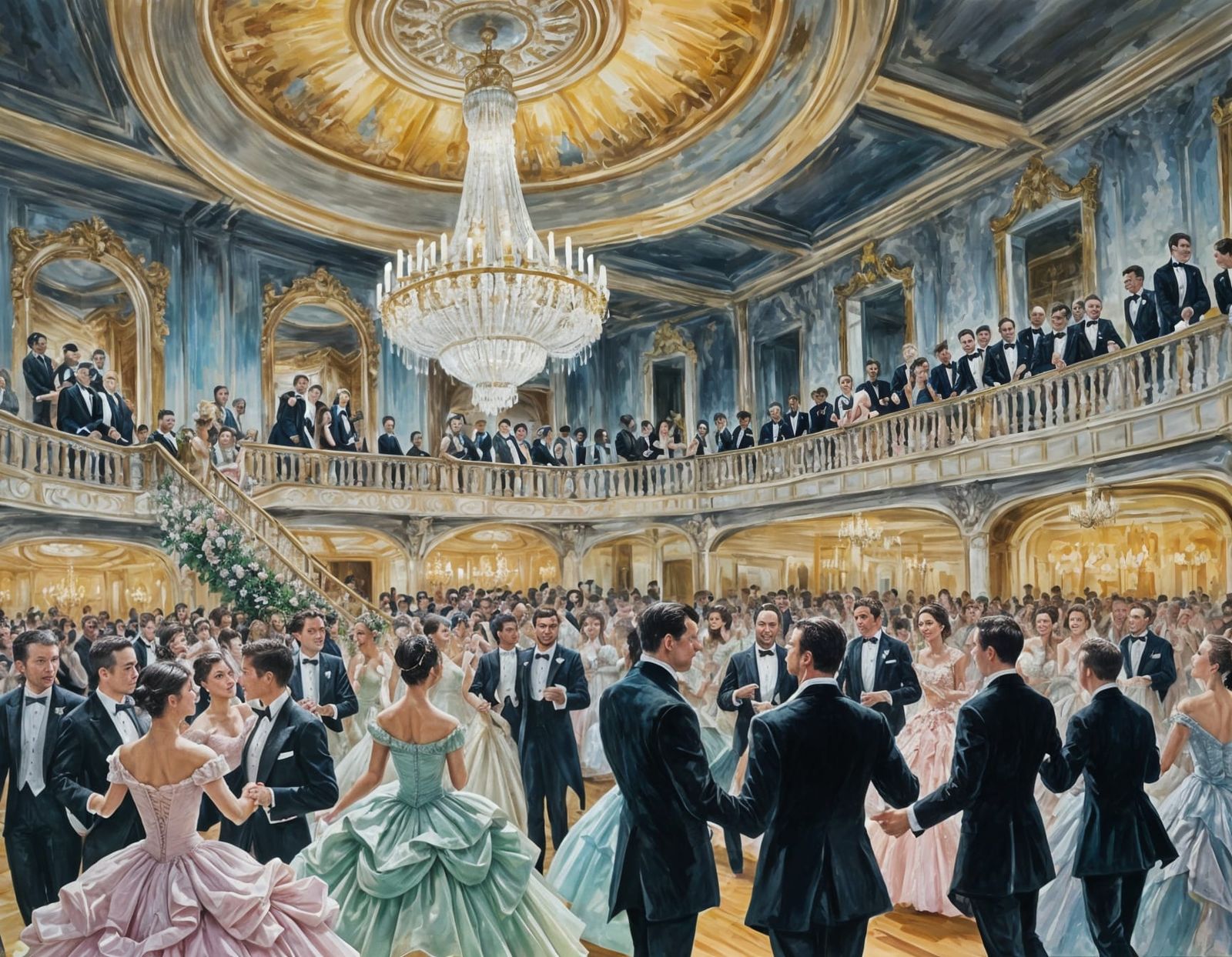 Elegant Ballroom Scene in Impressive Gouache Style