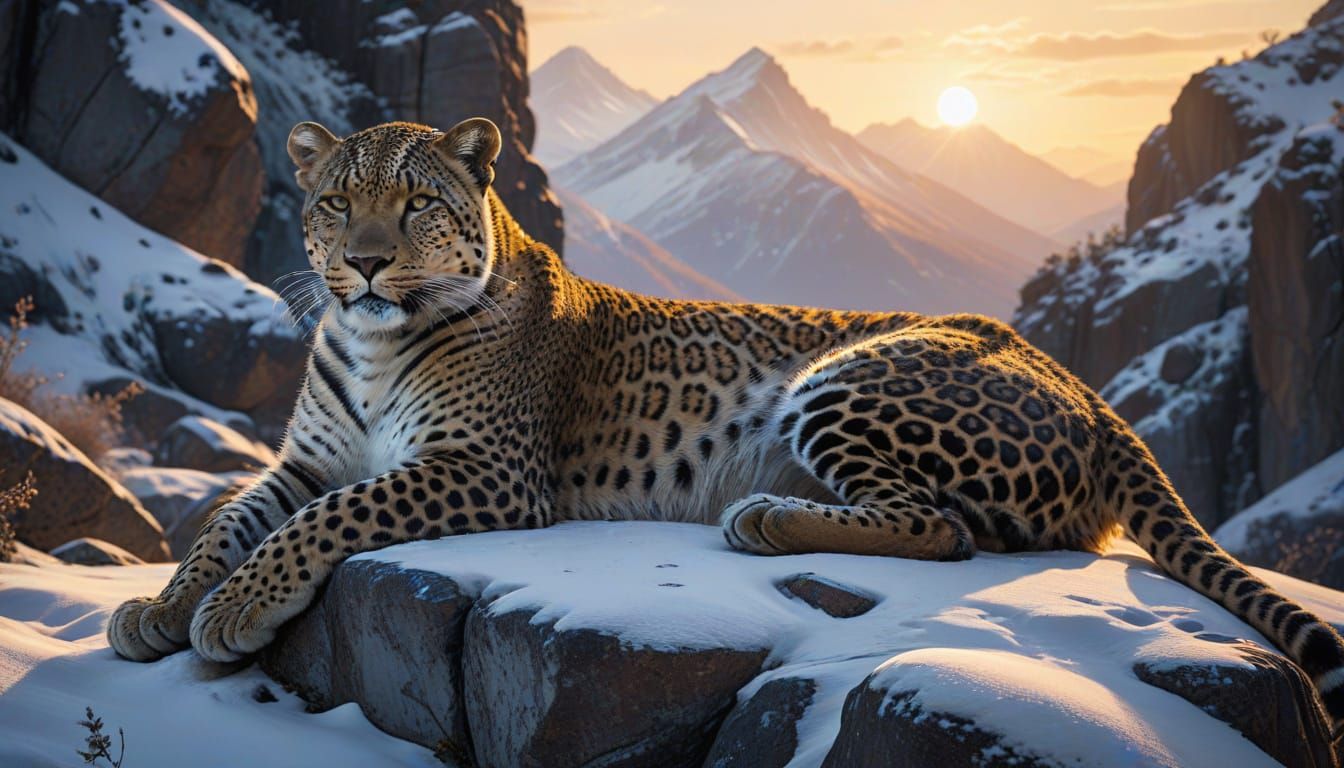 Leopard Family on Snowy Ledge at Sunset Painting