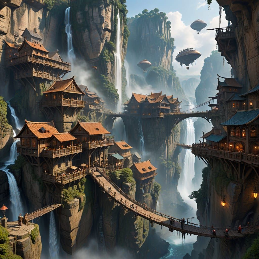 Fantasy City Carved into Cliffs with Airships