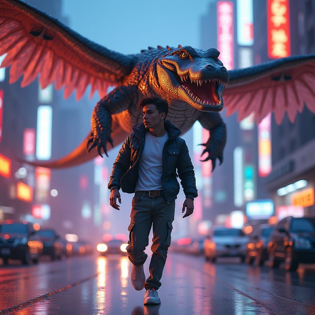 Streetwear Enthusiast Dancing Under Futuristic Hybrid Skies