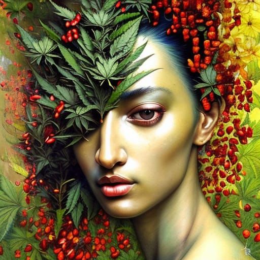 Garden Goddess Portrait with Flora, in Digital Art Style