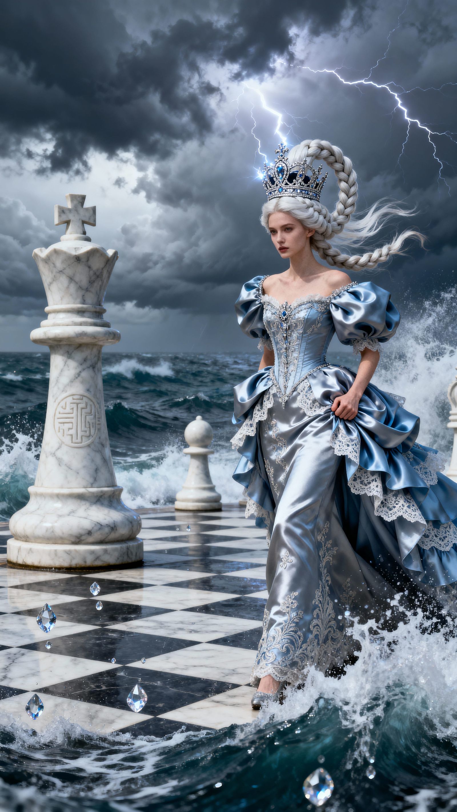 Regal Queen on Marble Chessboard Facing Stormy Sea