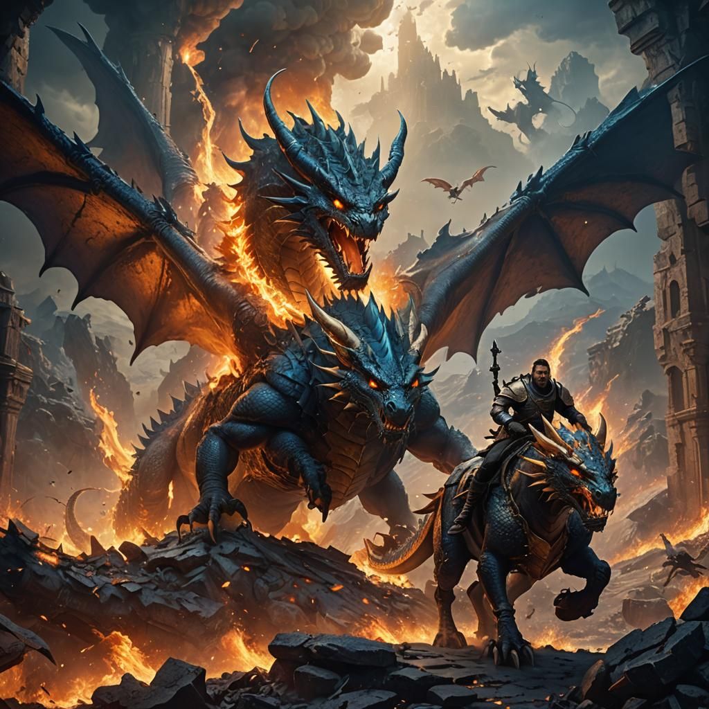 Epic Dragon Rider in Fiery Battle Scene