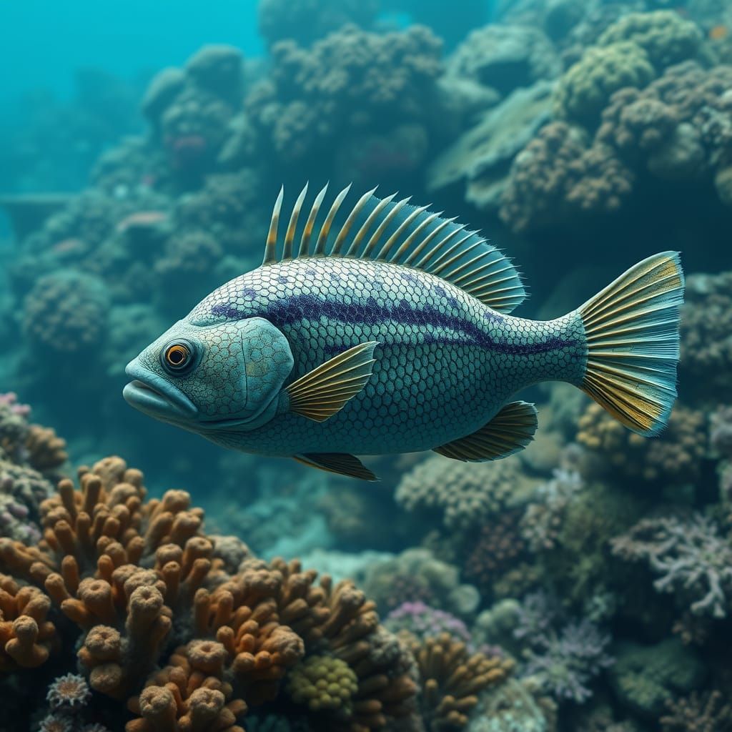 Coelacanth Swimming Near Coral Reef