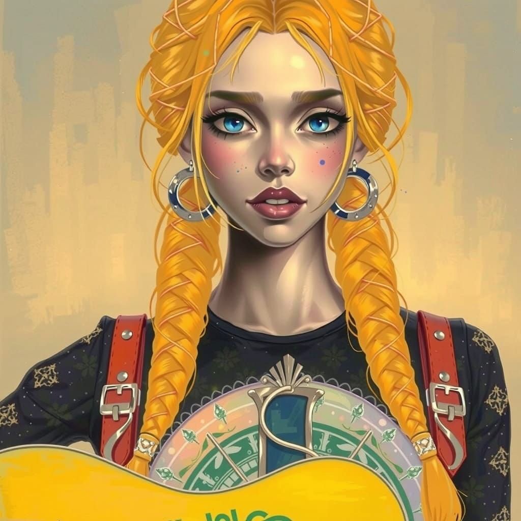 Elegant Woman Plays Golden Guitar in Warm Harmony