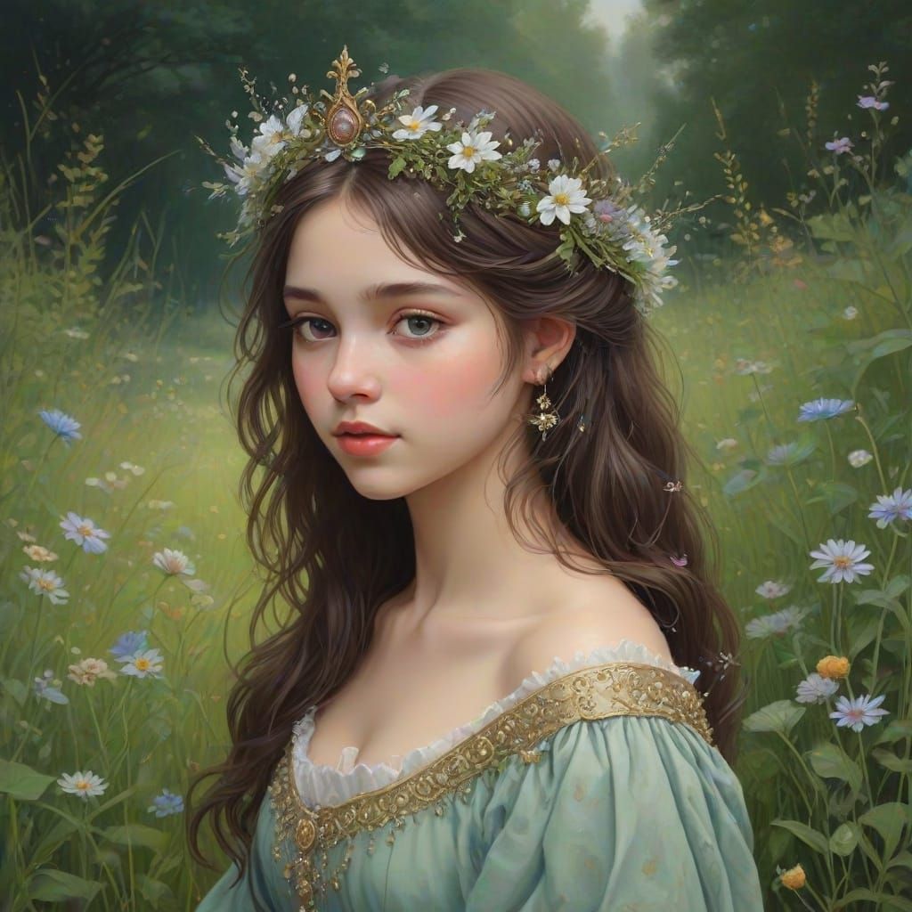 Fairy in Meadow Crowned with Wishes: Gouache Painting