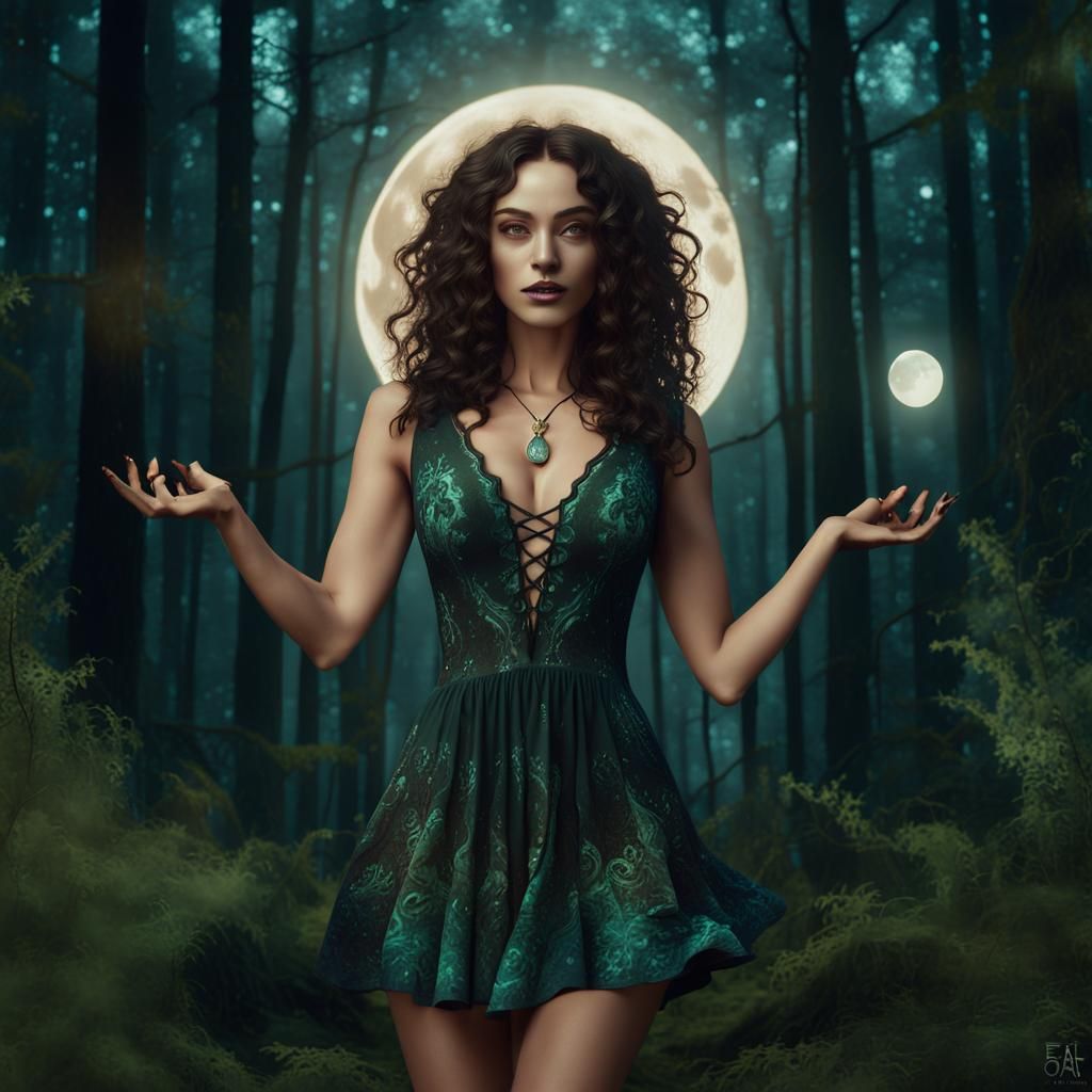 Spring Equinox Witch Dancing Under the Moon