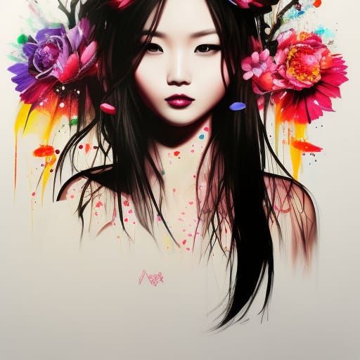 Chinese Woman in Graffiti Art Style with Flowers