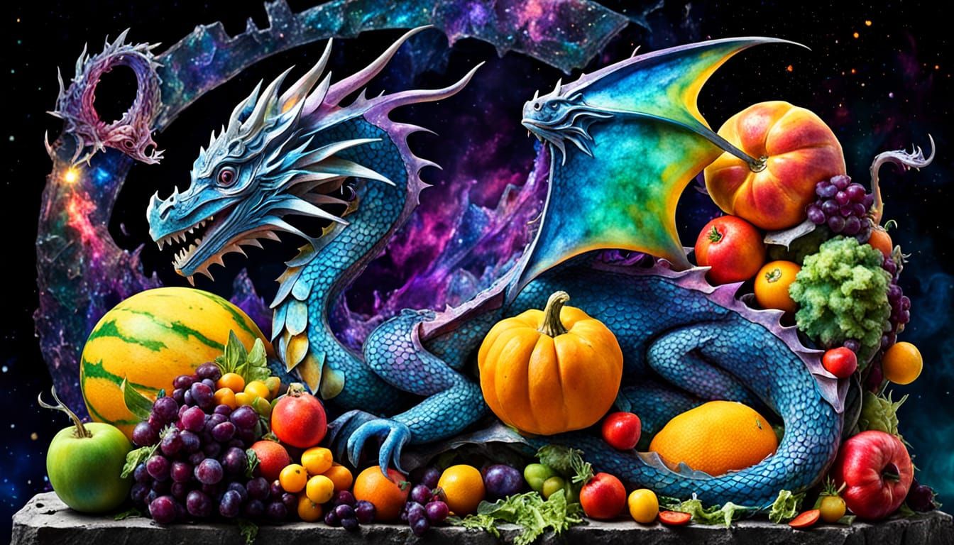 Bioluminescent Fruit Dragon on Spaceship, Acid Ink Style