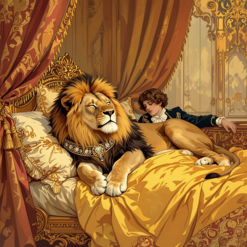Lion Sleeping in Opulent Art Nouveau Bedroom