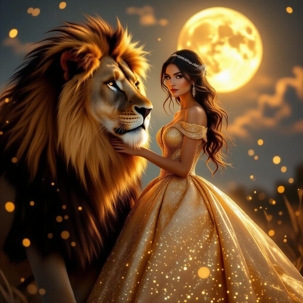 Woman and Lion in Dreamy Golden Light
