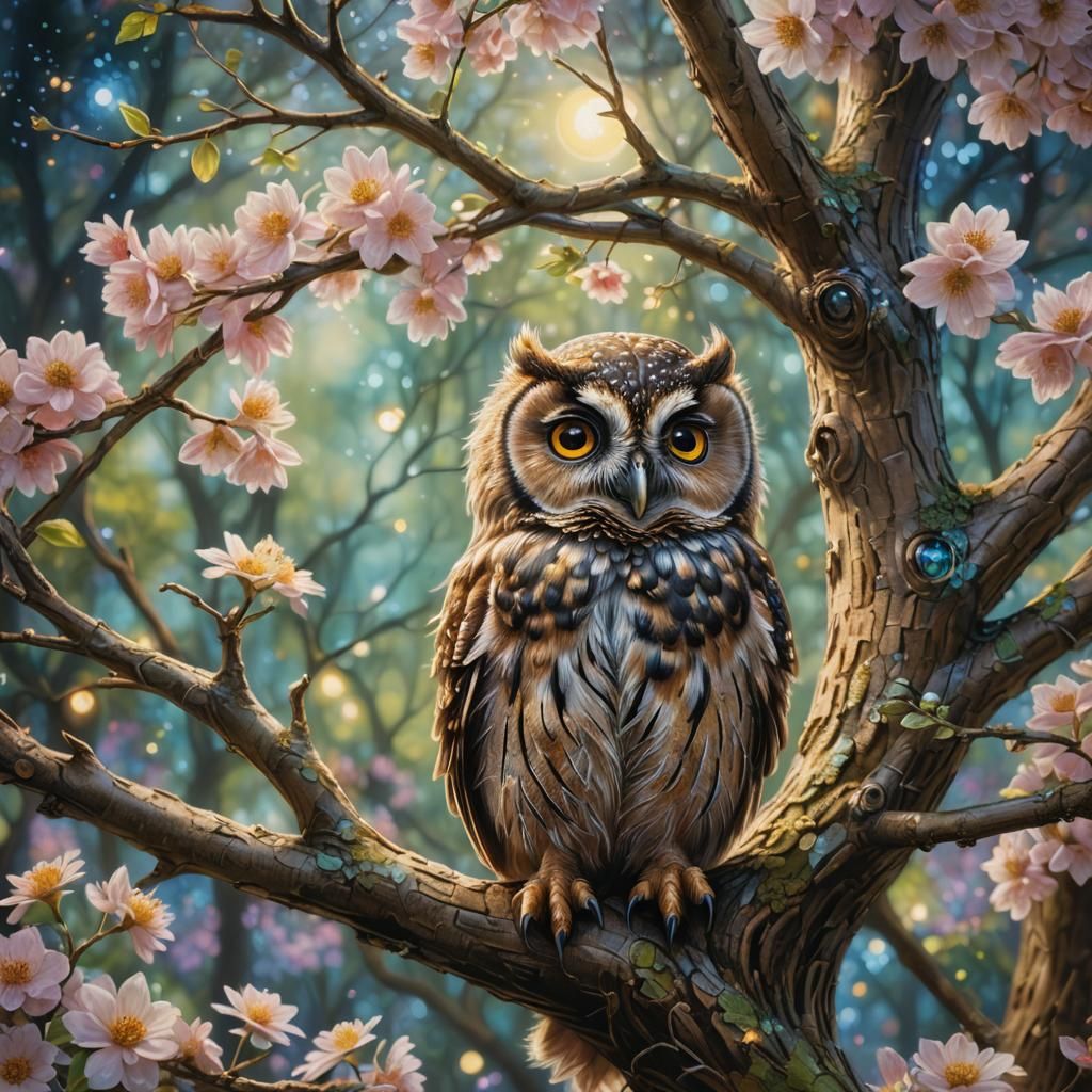 Adorable Baby Owl in Enchanted Garden, Detailed Oil Painting