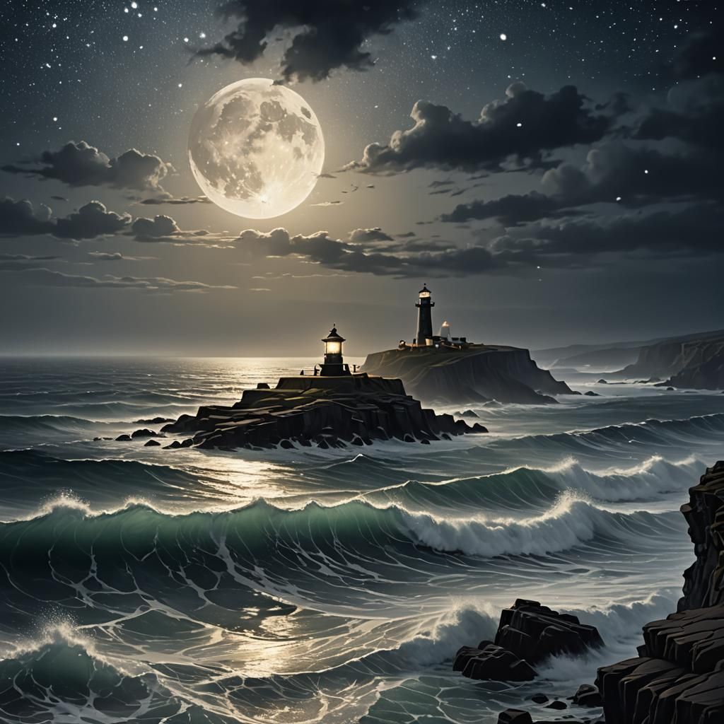 Silvery Waves: Dark Fantasy Seascape in 8K