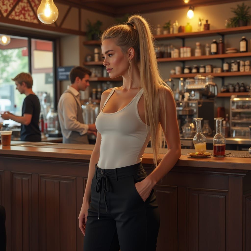 Hyperrealistic Portrait of a Blonde Woman in Coffee Shop